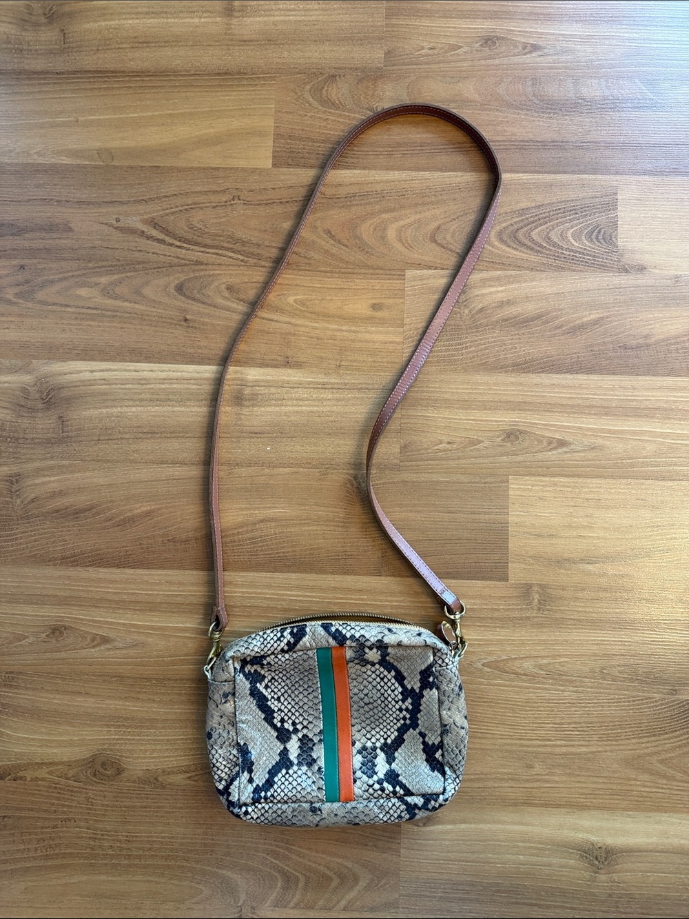 Clare V Tan Snake-Print Crossbody with Green & Orange Stripe - Picture 3 of 4